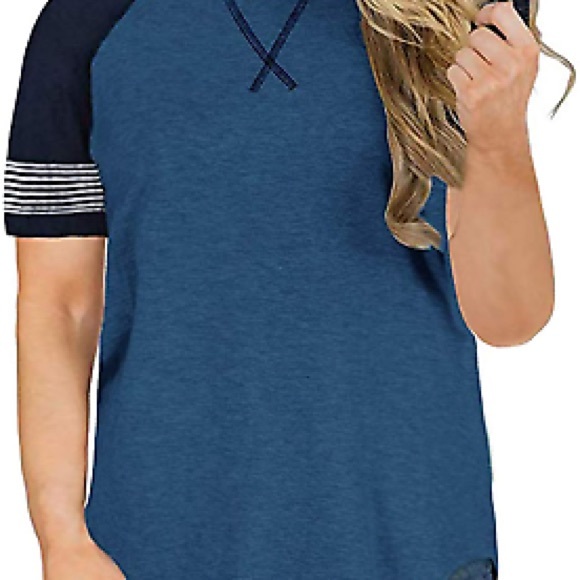 NWT  Women's Color Block Round Neck Tops Casual Short Sleeve Stripe Shirt - Picture 2 of 8